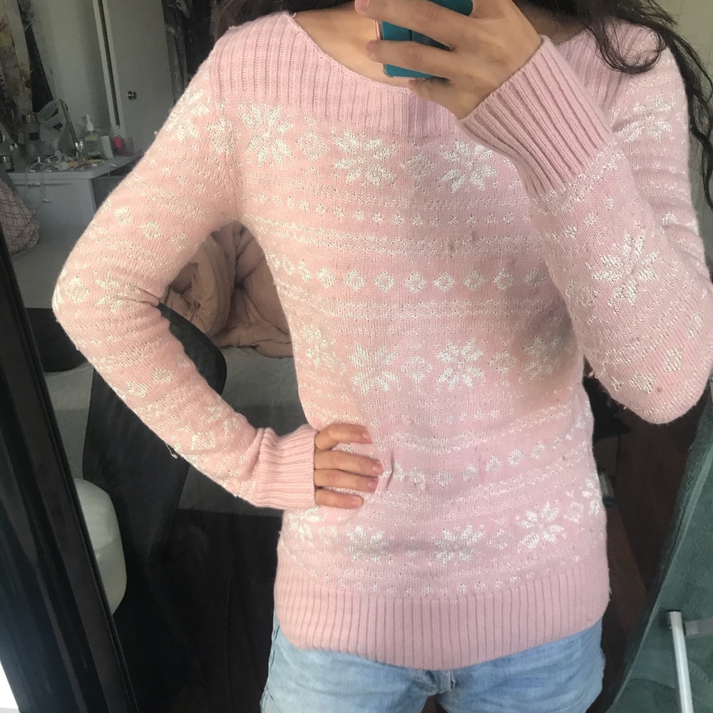 LOFT baby pink, wide-neck, fair isle sweater